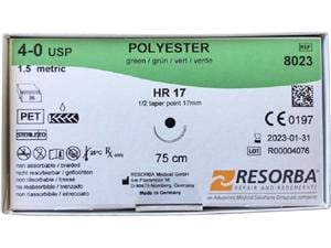 POLYESTER grün geflochten - Nadeltyp HR 17 USP 4-0, Länge 0,75 m (8023), Packung 36 Stück