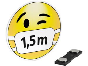 Magnet-Ansteckschilder Abstand Typ D Smiley mit Mundschutz, 1,5 Meter, Packung 10 Stück