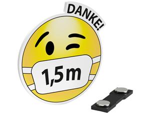 Magnet-Ansteckschilder Abstand Typ E Smiley mit Mundschutz, 1,5 Meter Danke, Packung 10 Stück