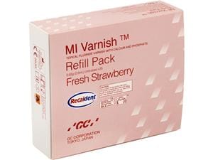 GC MI Varnish - Nachfüllpackung Erdbeere, Packung 35 x 0,4 ml und 50 Bürsten